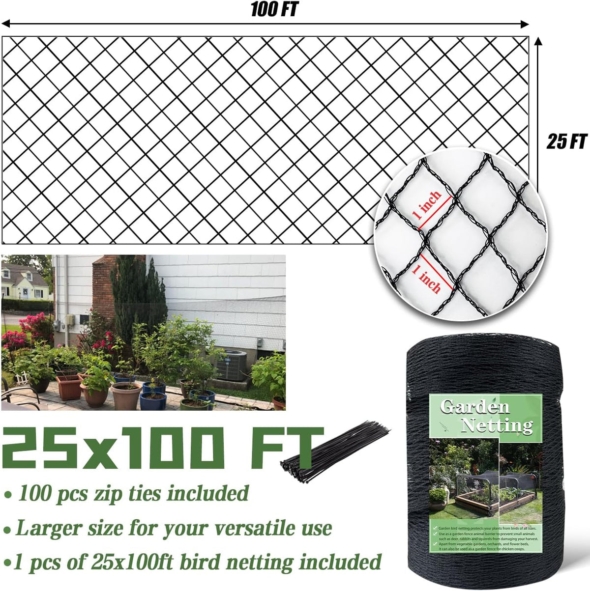 7.5 x 100 FT Bird Netting,1/2" Mesh Garden Netting,100PCS Zip Tie