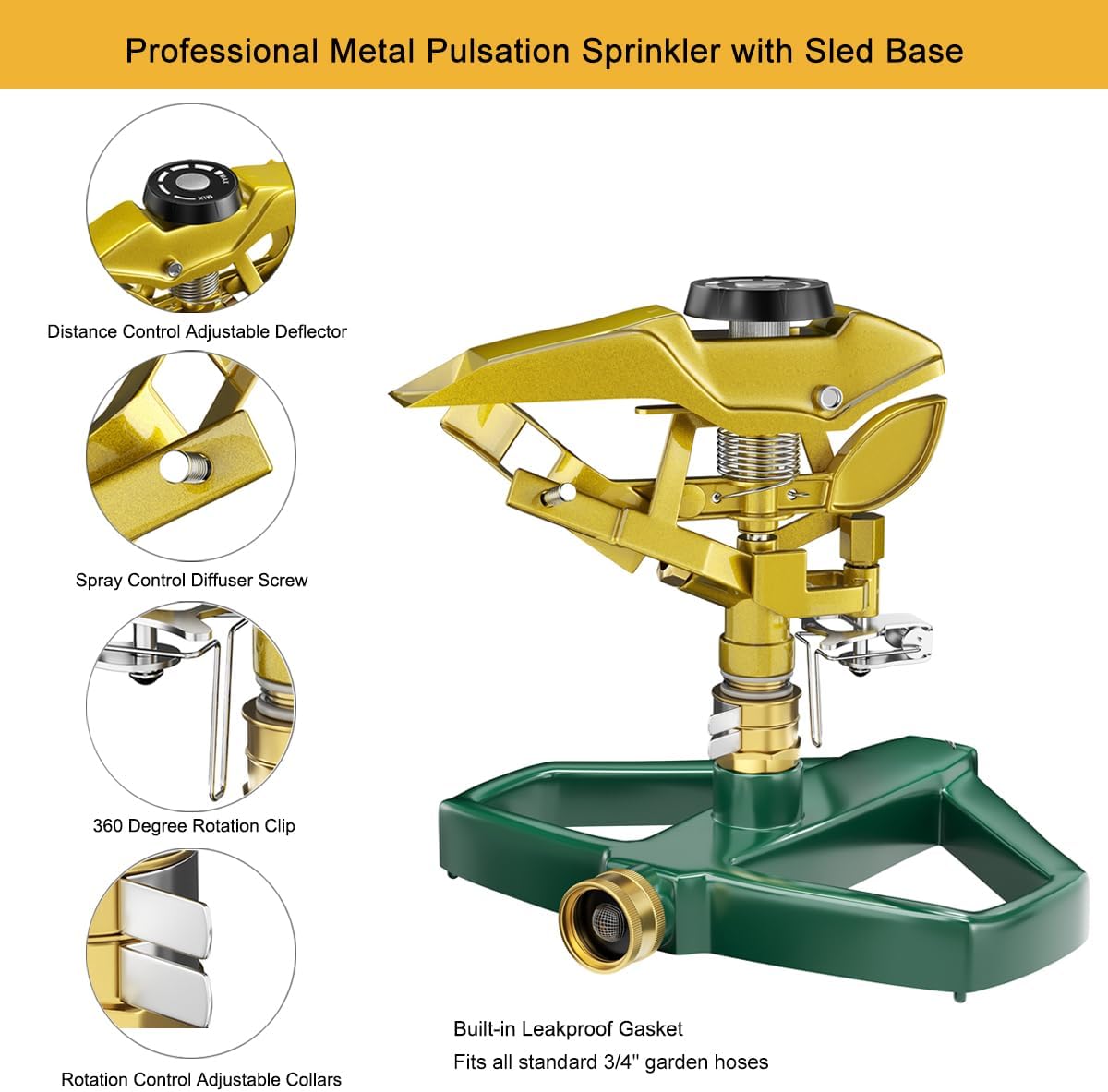 Heavy Duty Pulsating Impact Lawn Sprinkler with Metal Base, 100% Metal 360°Adjustable Circular Zinc Impulse Sprinkler for Large Area Lawn & Yard Irrigation, Covers Up to 5800 sq. Ft