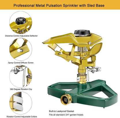 Heavy Duty Pulsating Impact Lawn Sprinkler with Metal Base, 100% Metal 360°Adjustable Circular Zinc Impulse Sprinkler for Large Area Lawn & Yard Irrigation, Covers Up to 5800 sq. Ft