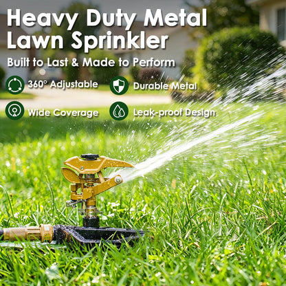 Heavy Duty Pulsating Impact Lawn Sprinkler with Metal Base, 100% Metal 360°Adjustable Circular Zinc Impulse Sprinkler for Large Area Lawn & Yard Irrigation, Covers Up to 5800 sq. Ft