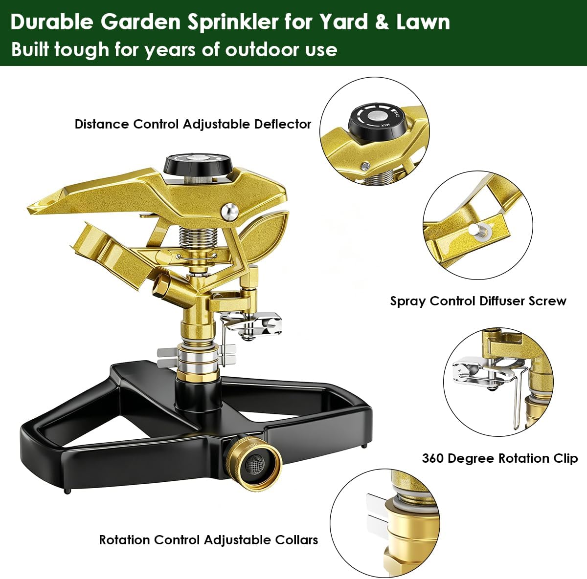 Heavy Duty Pulsating Impact Lawn Sprinkler with Metal Base, 100% Metal 360°Adjustable Circular Zinc Impulse Sprinkler for Large Area Lawn & Yard Irrigation, Covers Up to 5800 sq. Ft