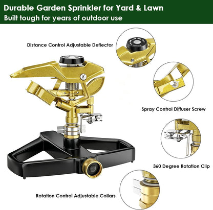 Heavy Duty Pulsating Impact Lawn Sprinkler with Metal Base, 100% Metal 360°Adjustable Circular Zinc Impulse Sprinkler for Large Area Lawn & Yard Irrigation, Covers Up to 5800 sq. Ft