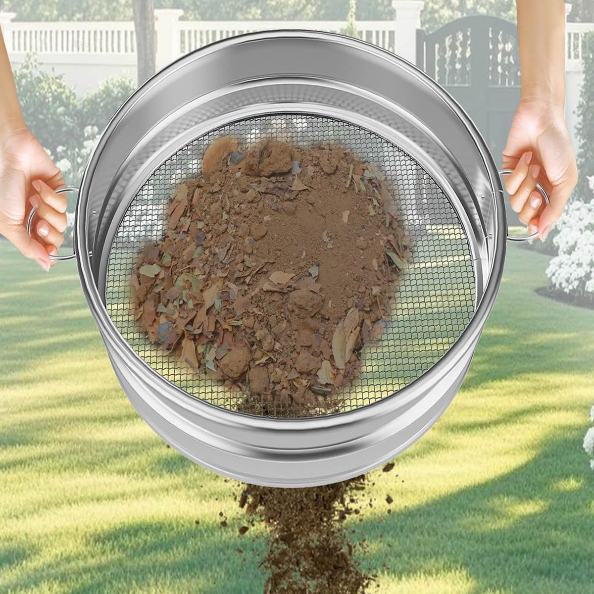 19“ Large Soil Sifter with Handle for Gardening, Dirt Sifter, Compost Sifter, Rock Sand Sifter, Wheelbarrow Sifter, Garden Soil Sieve, Metal Gravel Pellet Worm Sifter, Heavy Duty Bin Outdoor