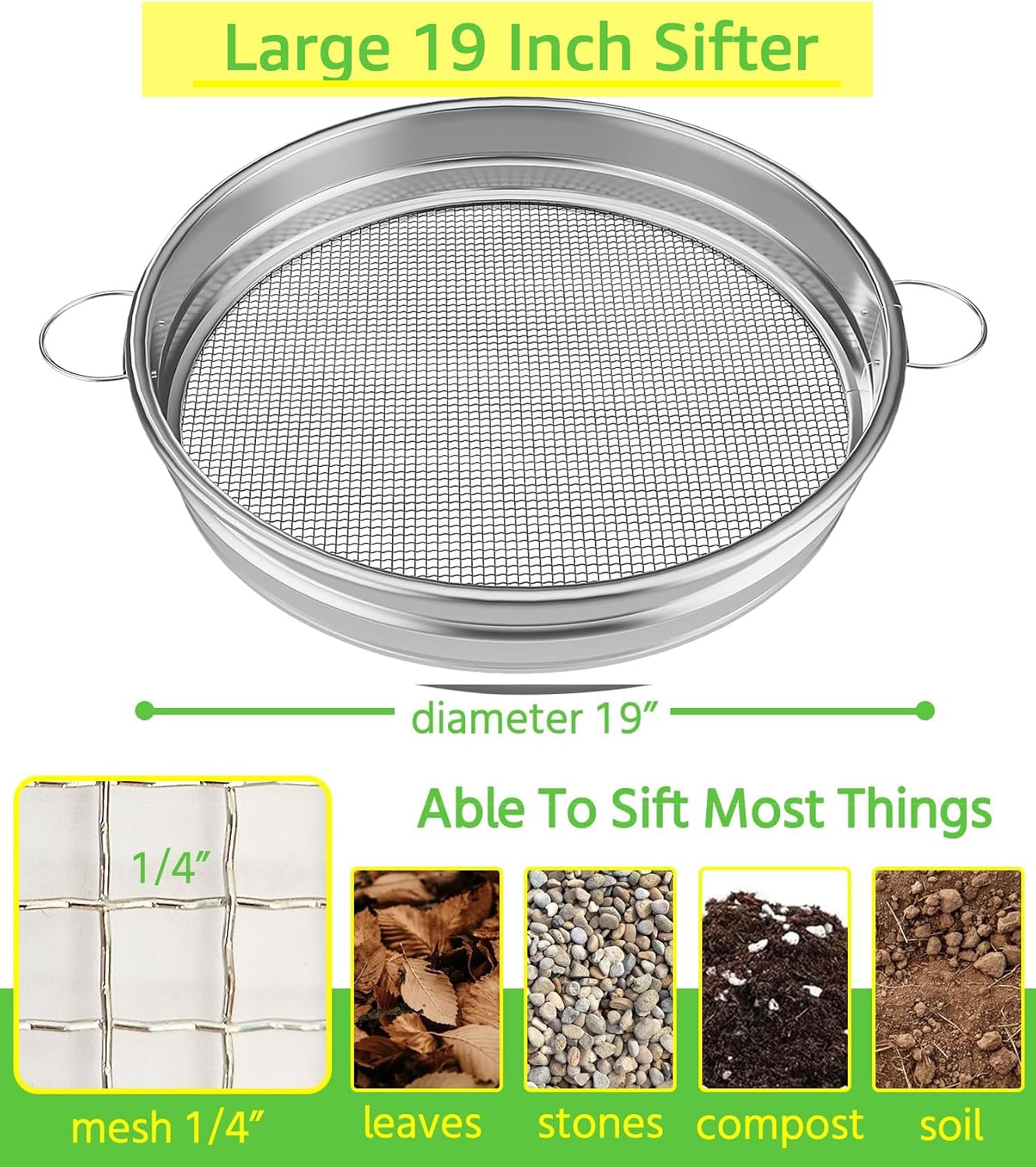 19“ Large Soil Sifter with Handle for Gardening, Dirt Sifter, Compost Sifter, Rock Sand Sifter, Wheelbarrow Sifter, Garden Soil Sieve, Metal Gravel Pellet Worm Sifter, Heavy Duty Bin Outdoor