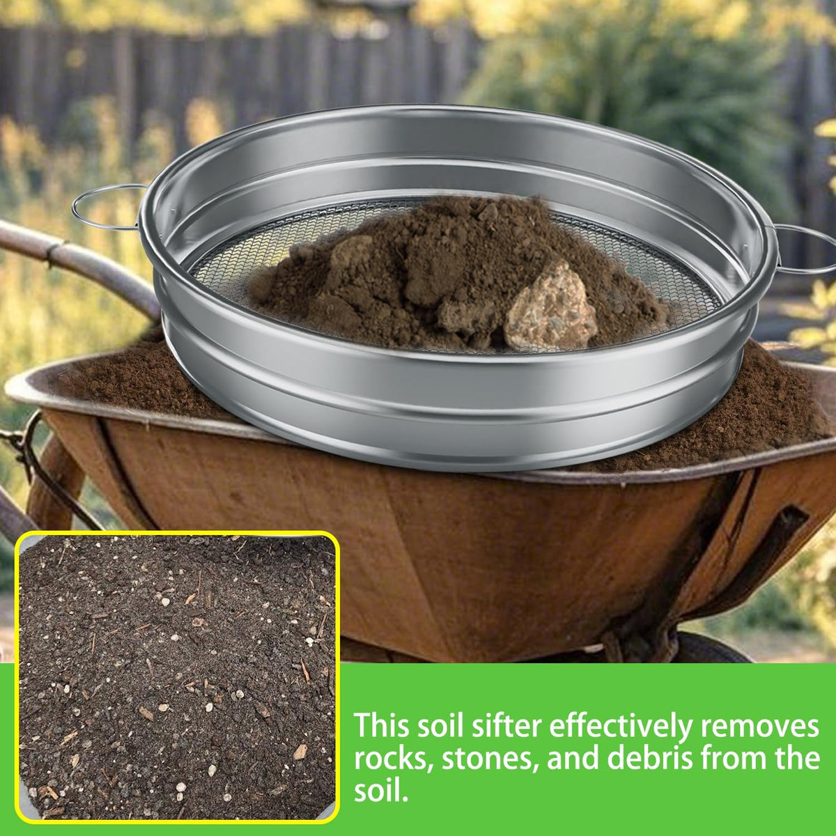 19“ Large Soil Sifter with Handle for Gardening, Dirt Sifter, Compost Sifter, Rock Sand Sifter, Wheelbarrow Sifter, Garden Soil Sieve, Metal Gravel Pellet Worm Sifter, Heavy Duty Bin Outdoor