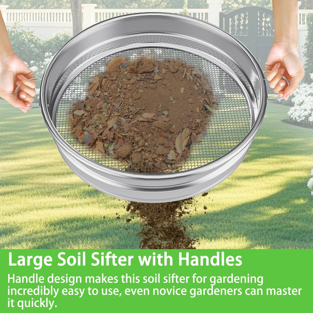 19“ Large Soil Sifter with Handle for Gardening, Dirt Sifter, Compost Sifter, Rock Sand Sifter, Wheelbarrow Sifter, Garden Soil Sieve, Metal Gravel Pellet Worm Sifter, Heavy Duty Bin Outdoor