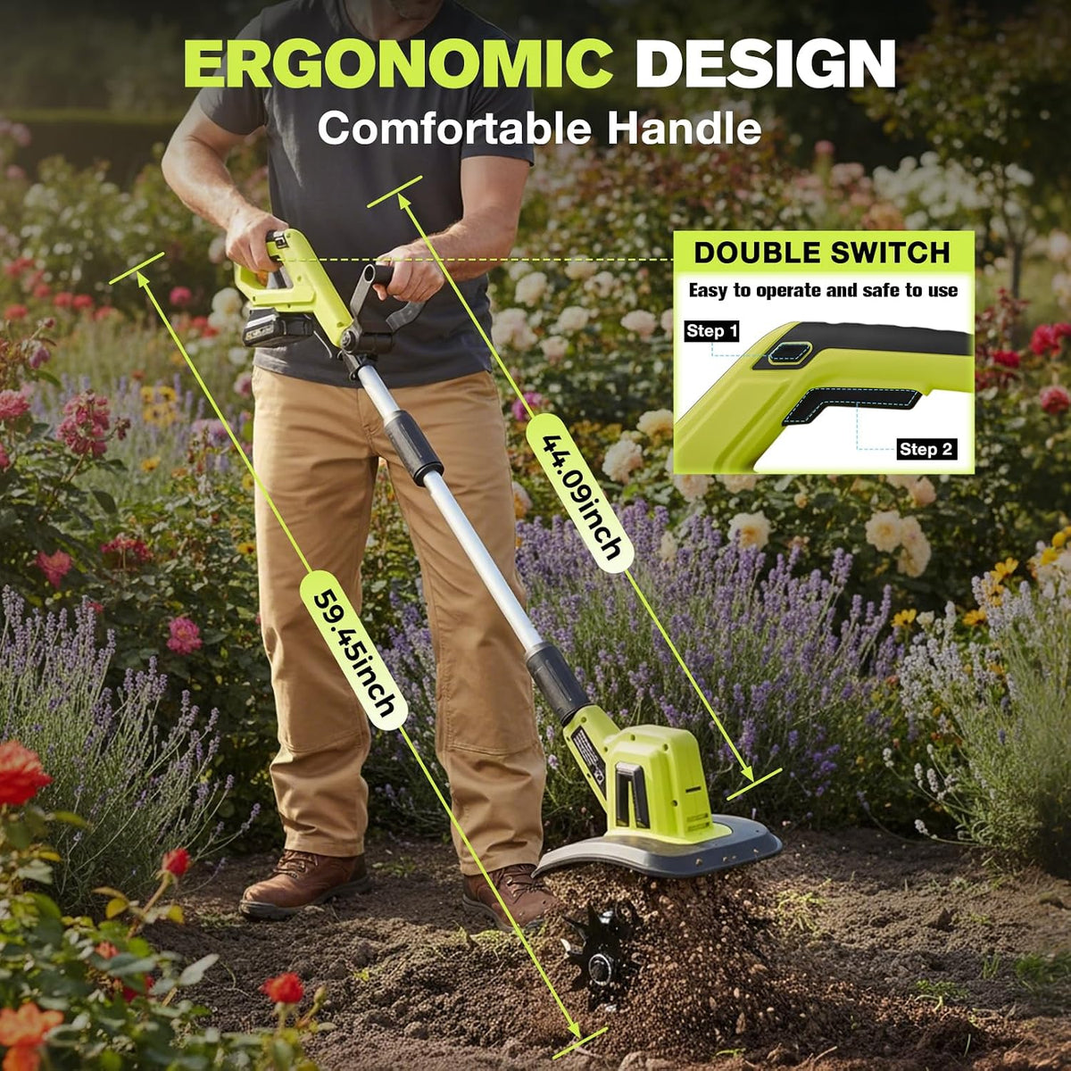 22V Cordless Garden Tiller Cultivator Rototiller for Gardening