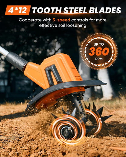 22V Cordless Garden Tiller Cultivator Rototiller for Gardening