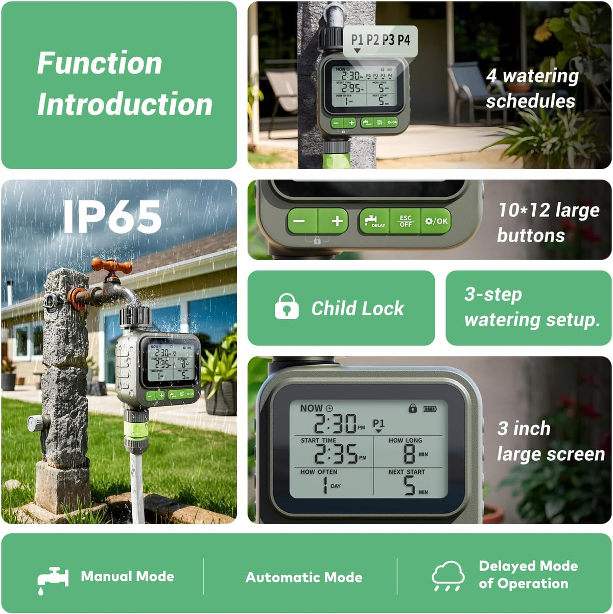 Sprinkler Timer, 4 Customizable Programs Sprinkler Drip Irrigation, IP65 Waterproof, Auto Rain Delay Manual Mode, Child Lock (Watering Sprinkler)