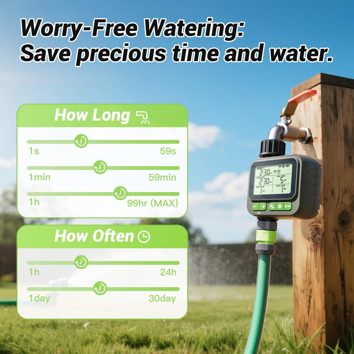 Sprinkler Timer, 4 Customizable Programs Sprinkler Drip Irrigation, IP65 Waterproof, Auto Rain Delay Manual Mode, Child Lock (Watering Sprinkler)