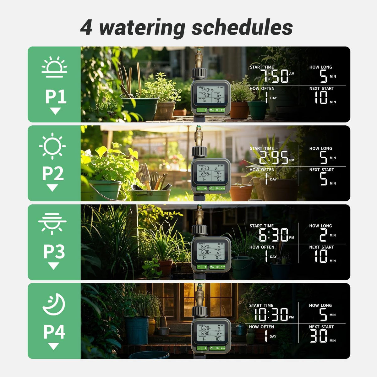 Sprinkler Timer, 4 Customizable Programs Sprinkler Drip Irrigation, IP65 Waterproof, Auto Rain Delay Manual Mode, Child Lock (Watering Sprinkler)