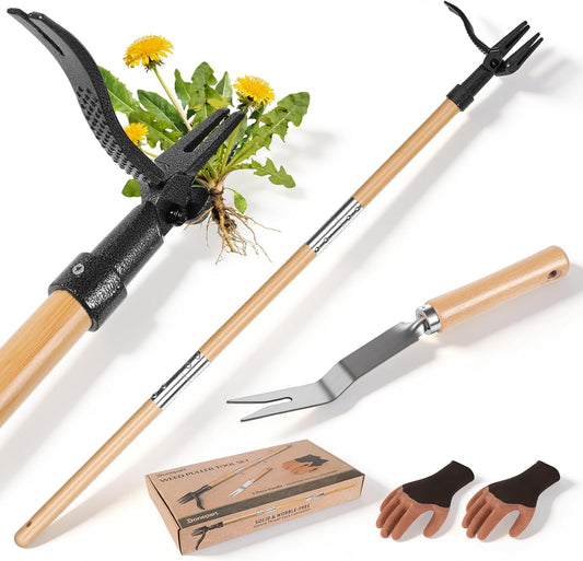 Stand Up Weed Puller Tool, Long Handle Weeder & Hand Weeder Fork Set - 46" No-Bend Deep Root Remover for Lawn, Garden & Yard, Seniors & Bad Back Friendly, Fits 5'2"-6'2", Bamboo Handle