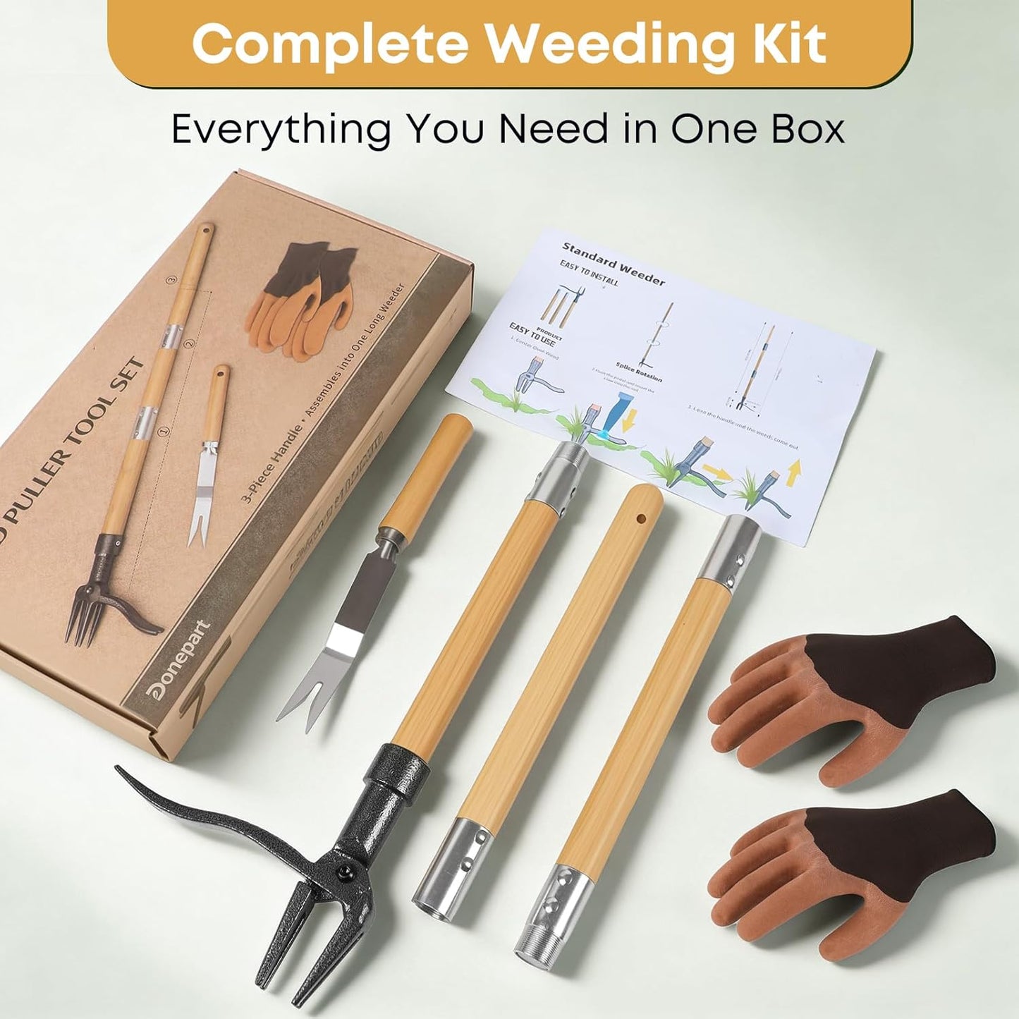 Stand Up Weed Puller Tool, Long Handle Weeder & Hand Weeder Fork Set - 46" No-Bend Deep Root Remover for Lawn, Garden & Yard, Seniors & Bad Back Friendly, Fits 5'2"-6'2", Bamboo Handle
