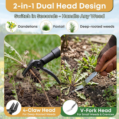 Stand Up Weed Puller Tool, Long Handle Weeder & Hand Weeder Fork Set - 46" No-Bend Deep Root Remover for Lawn, Garden & Yard, Seniors & Bad Back Friendly, Fits 5'2"-6'2", Bamboo Handle