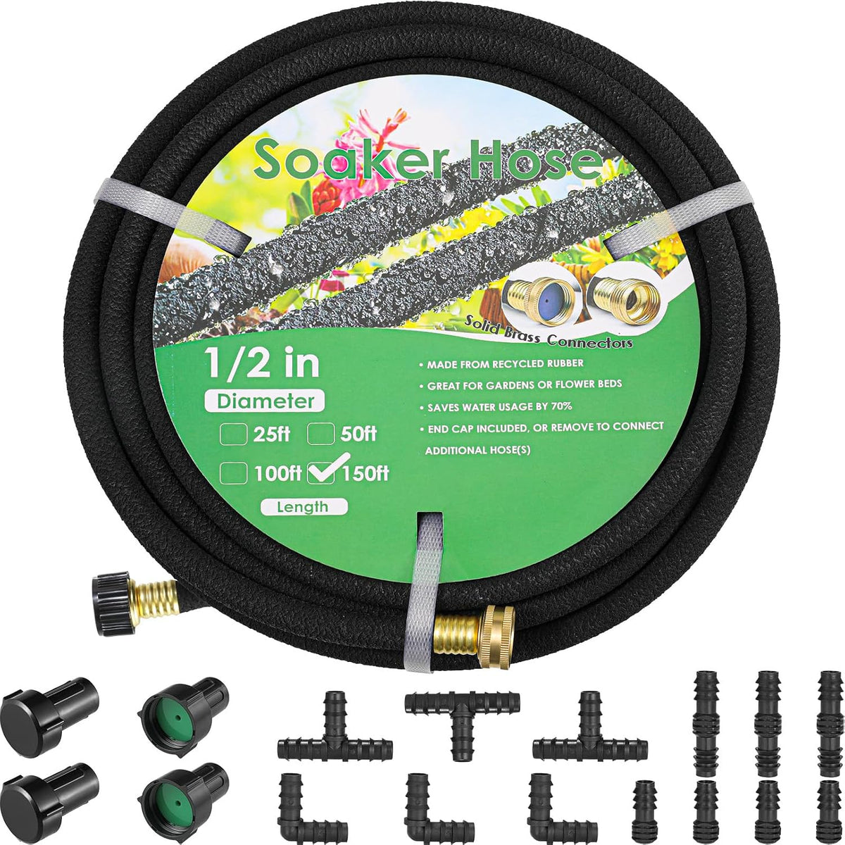 Soaker Hose Kit 100 Ft 1/2" Brass Connectors Heavy Duty Water Saving