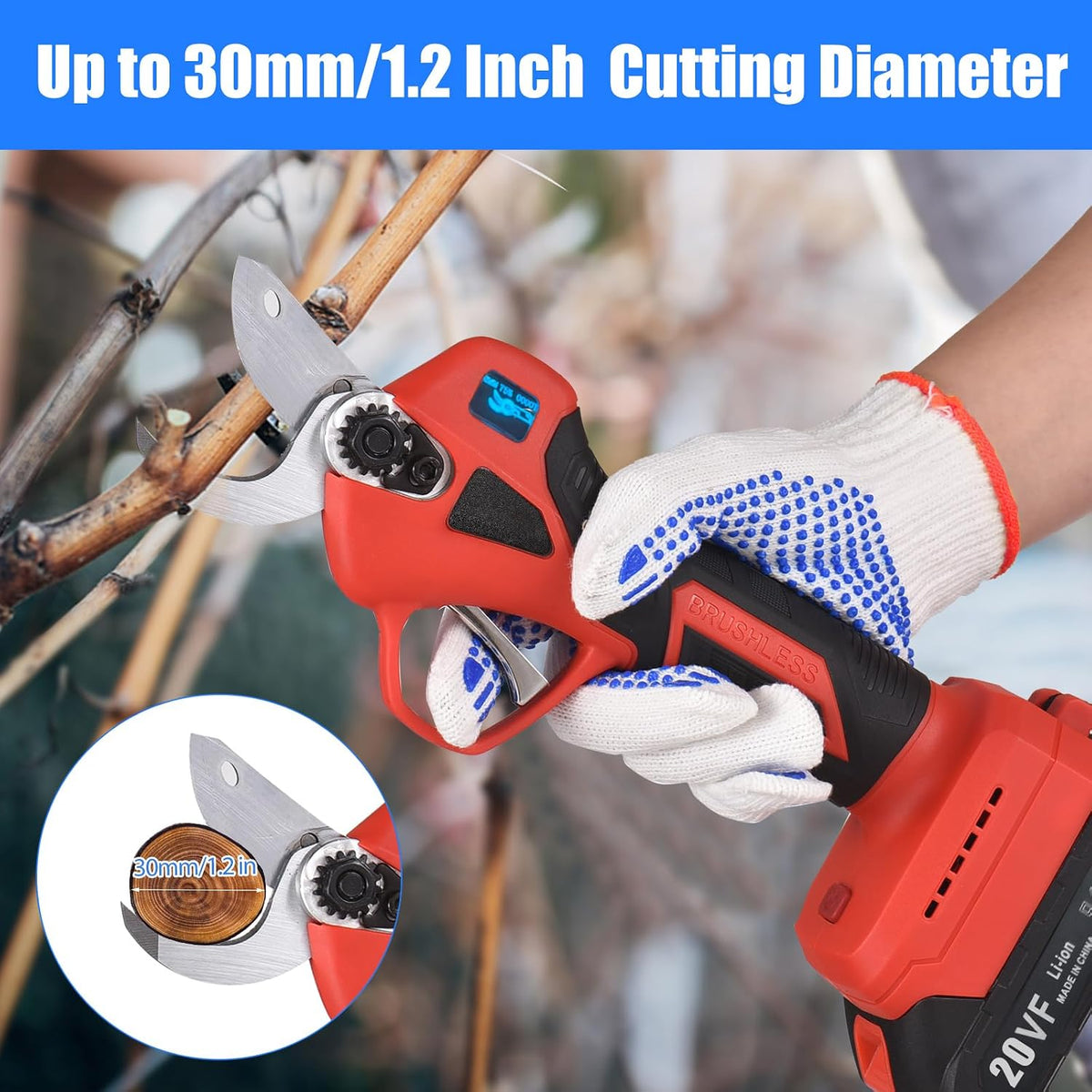 Electric Pruning Shears, Garden Pruner with 2 Rechargeable Battery, Replacement Steel Blade Gloves, Heavy Duty Gardening Bypass Branch Rose, Cordless 48V Triming, 30mm 1.2" Cut Diameter