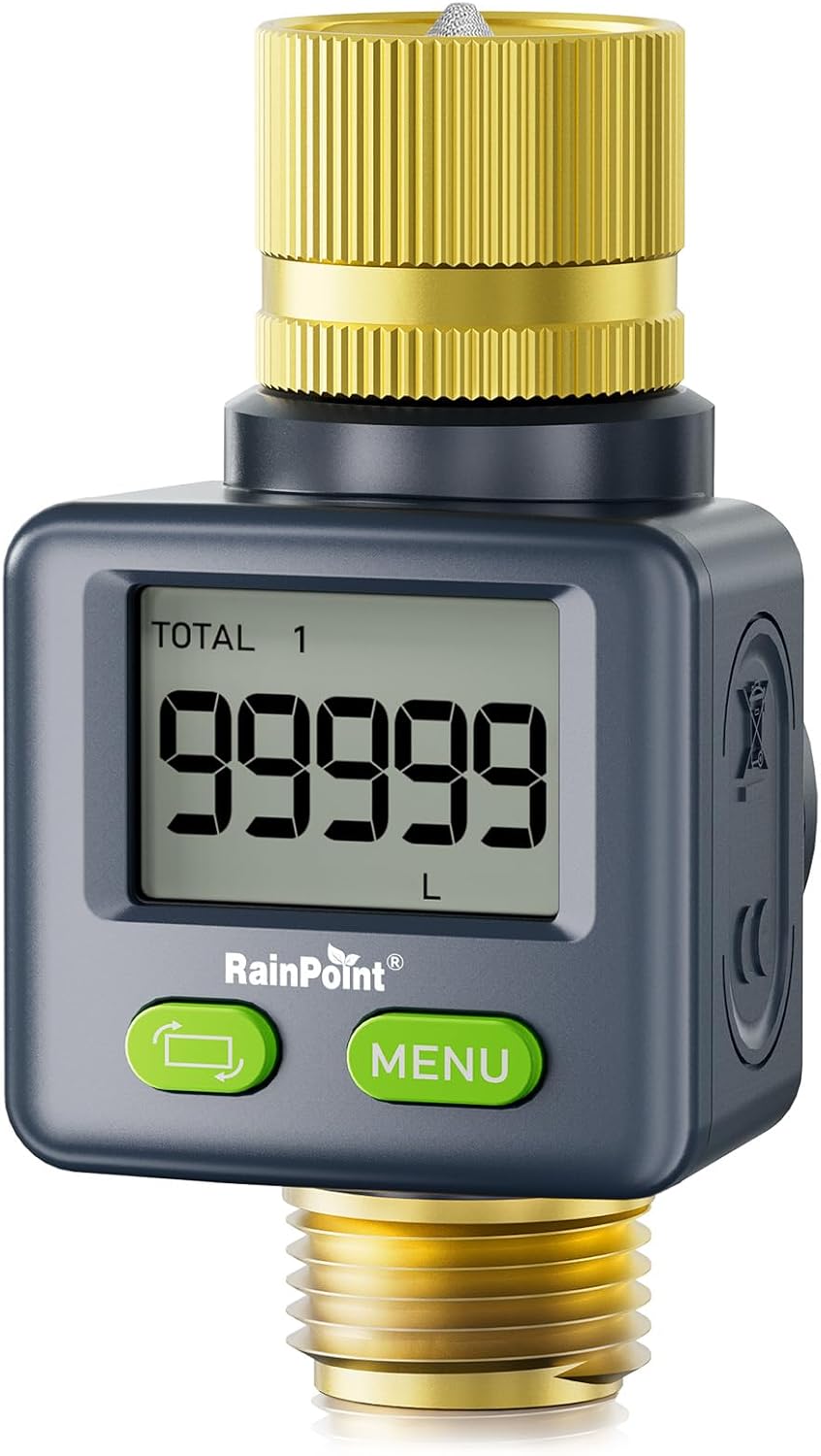 Water Flow Meter with Brass Inlet & Outlet, 180° Screen-Flip Water Meter, Measure Gallon/Liter Consumption for RV Filling, Garden Watering, Sprinkler and Hoze Nozzle