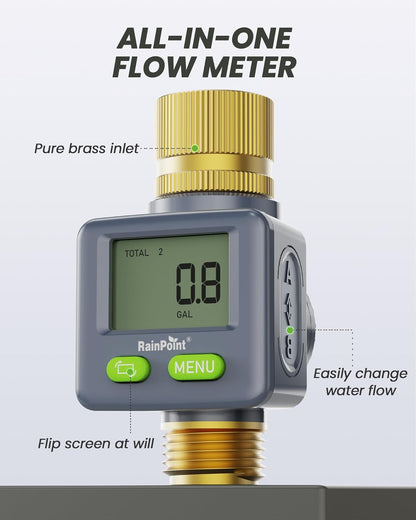 Water Flow Meter with Brass Inlet & Outlet, 180° Screen-Flip Water Meter, Measure Gallon/Liter Consumption for RV Filling, Garden Watering, Sprinkler and Hoze Nozzle