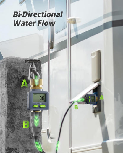 Water Flow Meter with Brass Inlet & Outlet, 180° Screen-Flip Water Meter, Measure Gallon/Liter Consumption for RV Filling, Garden Watering, Sprinkler and Hoze Nozzle