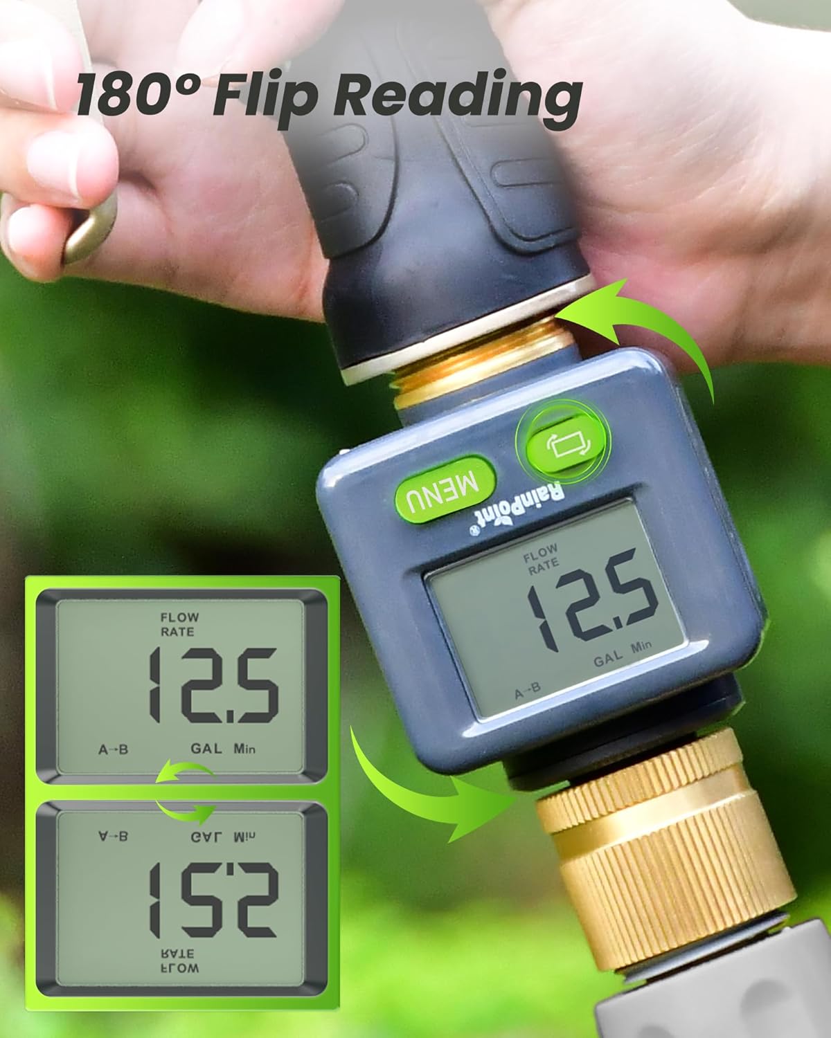 Water Flow Meter with Brass Inlet & Outlet, 180° Screen-Flip Water Meter, Measure Gallon/Liter Consumption for RV Filling, Garden Watering, Sprinkler and Hoze Nozzle