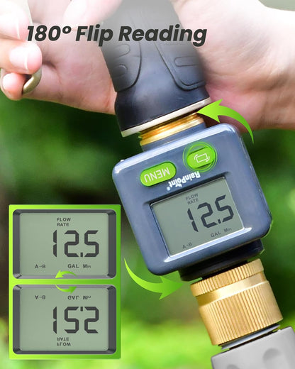 Water Flow Meter with Brass Inlet & Outlet, 180° Screen-Flip Water Meter, Measure Gallon/Liter Consumption for RV Filling, Garden Watering, Sprinkler and Hoze Nozzle