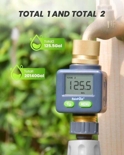 Water Flow Meter with Brass Inlet & Outlet, 180° Screen-Flip Water Meter, Measure Gallon/Liter Consumption for RV Filling, Garden Watering, Sprinkler and Hoze Nozzle