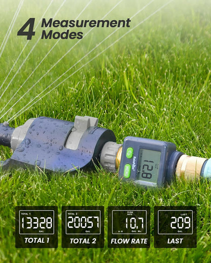 Water Flow Meter with Brass Inlet & Outlet, 180° Screen-Flip Water Meter, Measure Gallon/Liter Consumption for RV Filling, Garden Watering, Sprinkler and Hoze Nozzle