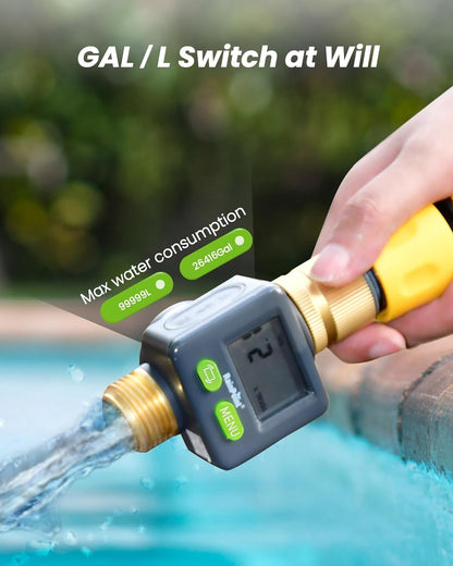 Water Flow Meter with Brass Inlet & Outlet, 180° Screen-Flip Water Meter, Measure Gallon/Liter Consumption for RV Filling, Garden Watering, Sprinkler and Hoze Nozzle