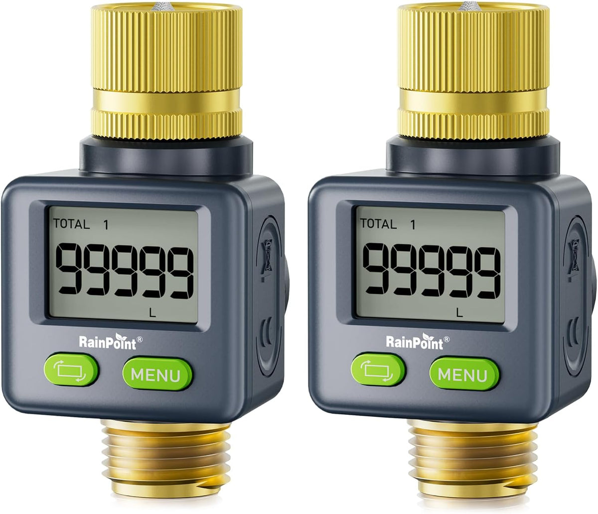 Water Flow Meter with Brass Inlet & Outlet, 180° Screen-Flip Water Meter, Measure Gallon/Liter Consumption for RV Filling, Garden Watering, Sprinkler and Hoze Nozzle