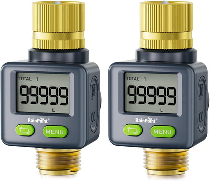 Water Flow Meter with Brass Inlet & Outlet, 180° Screen-Flip Water Meter, Measure Gallon/Liter Consumption for RV Filling, Garden Watering, Sprinkler and Hoze Nozzle