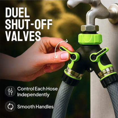 2 Way Hose Splitter Heavy Duty - Metal Y Garden Hose Splitter with Shutoff Valves, Brass Outdoor Faucet Adapter for Spigot, 3/4 Inch GHT Water Hose Connector - Green