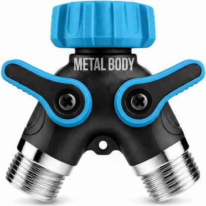 2 Way Hose Splitter Heavy Duty - Metal Y Garden Hose Splitter with Shutoff Valves, Brass Outdoor Faucet Adapter for Spigot, 3/4 Inch GHT Water Hose Connector - Green