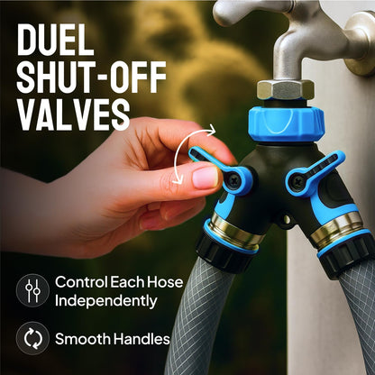 2 Way Hose Splitter Heavy Duty - Metal Y Garden Hose Splitter with Shutoff Valves, Brass Outdoor Faucet Adapter for Spigot, 3/4 Inch GHT Water Hose Connector - Green