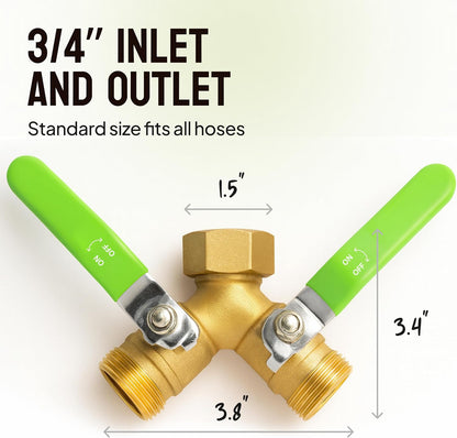 2 Way Hose Splitter Heavy Duty - Metal Y Garden Hose Splitter with Shutoff Valves, Brass Outdoor Faucet Adapter for Spigot, 3/4 Inch GHT Water Hose Connector - Green