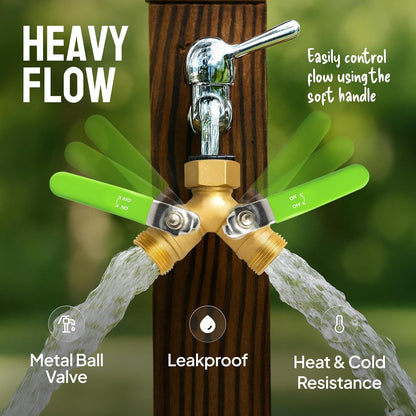 2 Way Hose Splitter Heavy Duty - Metal Y Garden Hose Splitter with Shutoff Valves, Brass Outdoor Faucet Adapter for Spigot, 3/4 Inch GHT Water Hose Connector - Green