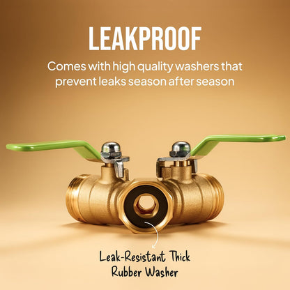 2 Way Hose Splitter Heavy Duty - Metal Y Garden Hose Splitter with Shutoff Valves, Brass Outdoor Faucet Adapter for Spigot, 3/4 Inch GHT Water Hose Connector - Green