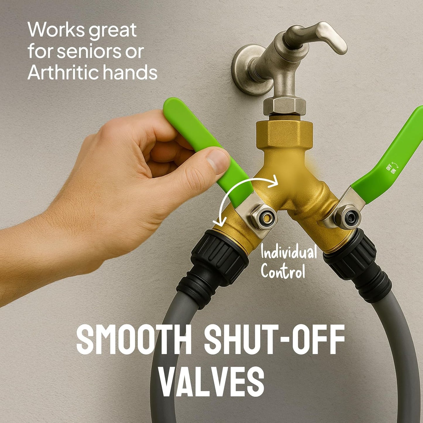 2 Way Hose Splitter Heavy Duty - Metal Y Garden Hose Splitter with Shutoff Valves, Brass Outdoor Faucet Adapter for Spigot, 3/4 Inch GHT Water Hose Connector - Green