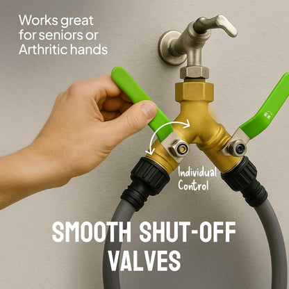 2 Way Hose Splitter Heavy Duty - Metal Y Garden Hose Splitter with Shutoff Valves, Brass Outdoor Faucet Adapter for Spigot, 3/4 Inch GHT Water Hose Connector - Green