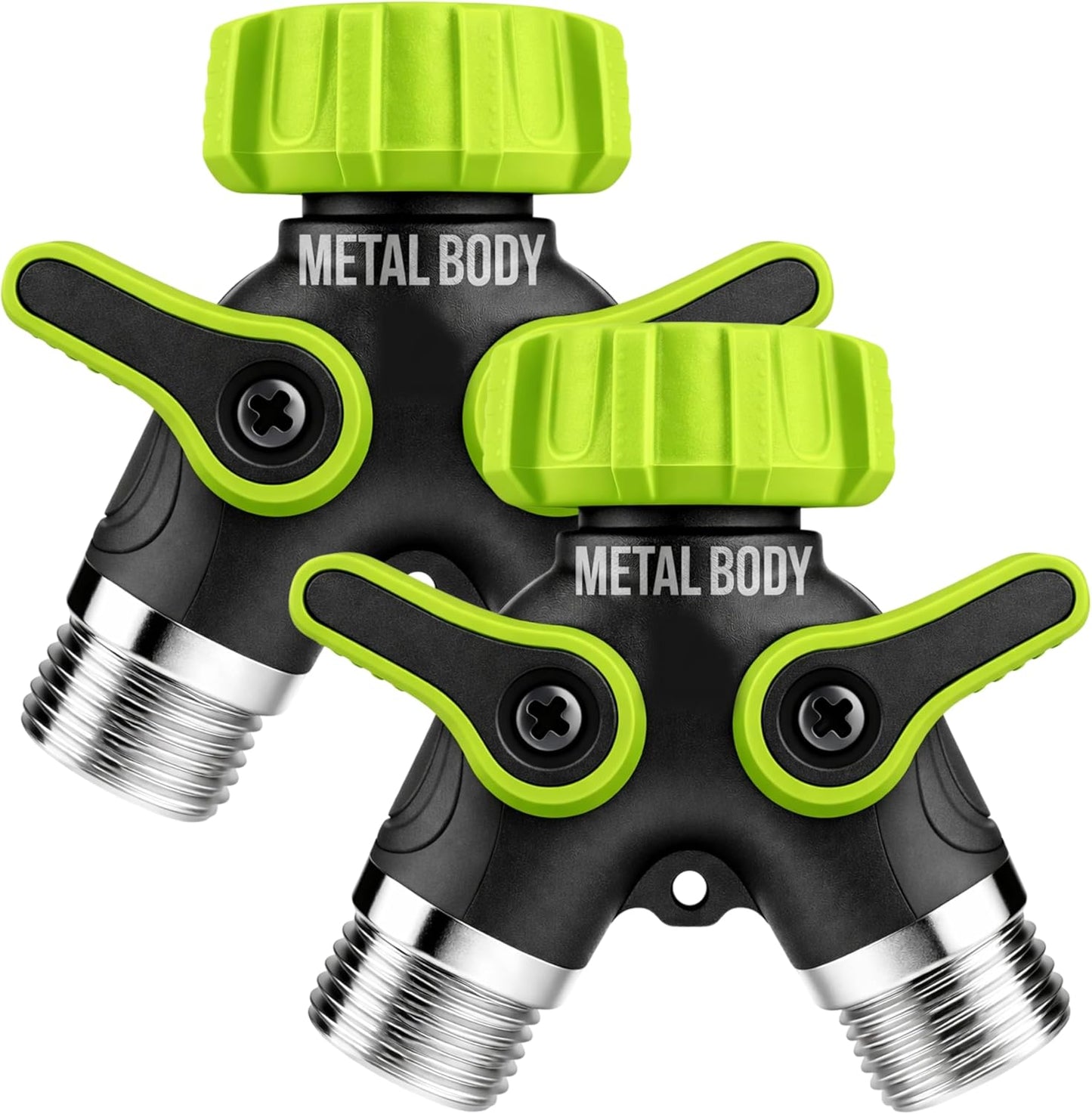 2 Way Hose Splitter Heavy Duty - Metal Y Garden Hose Splitter with Shutoff Valves, Brass Outdoor Faucet Adapter for Spigot, 3/4 Inch GHT Water Hose Connector - Green