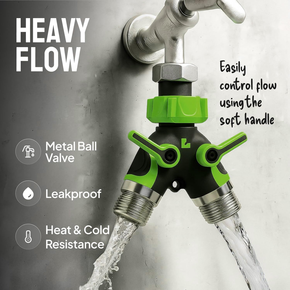 2 Way Hose Splitter Heavy Duty - Metal Y Garden Hose Splitter with Shutoff Valves, Brass Outdoor Faucet Adapter for Spigot, 3/4 Inch GHT Water Hose Connector - Green