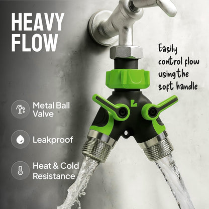 2 Way Hose Splitter Heavy Duty - Metal Y Garden Hose Splitter with Shutoff Valves, Brass Outdoor Faucet Adapter for Spigot, 3/4 Inch GHT Water Hose Connector - Green