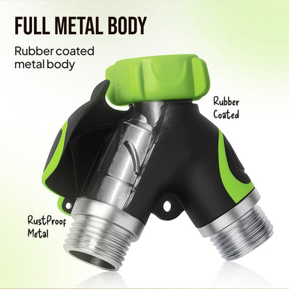 2 Way Hose Splitter Heavy Duty - Metal Y Garden Hose Splitter with Shutoff Valves, Brass Outdoor Faucet Adapter for Spigot, 3/4 Inch GHT Water Hose Connector - Green