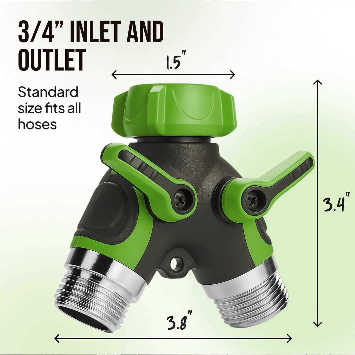 2 Way Hose Splitter Heavy Duty - Metal Y Garden Hose Splitter with Shutoff Valves, Brass Outdoor Faucet Adapter for Spigot, 3/4 Inch GHT Water Hose Connector - Green