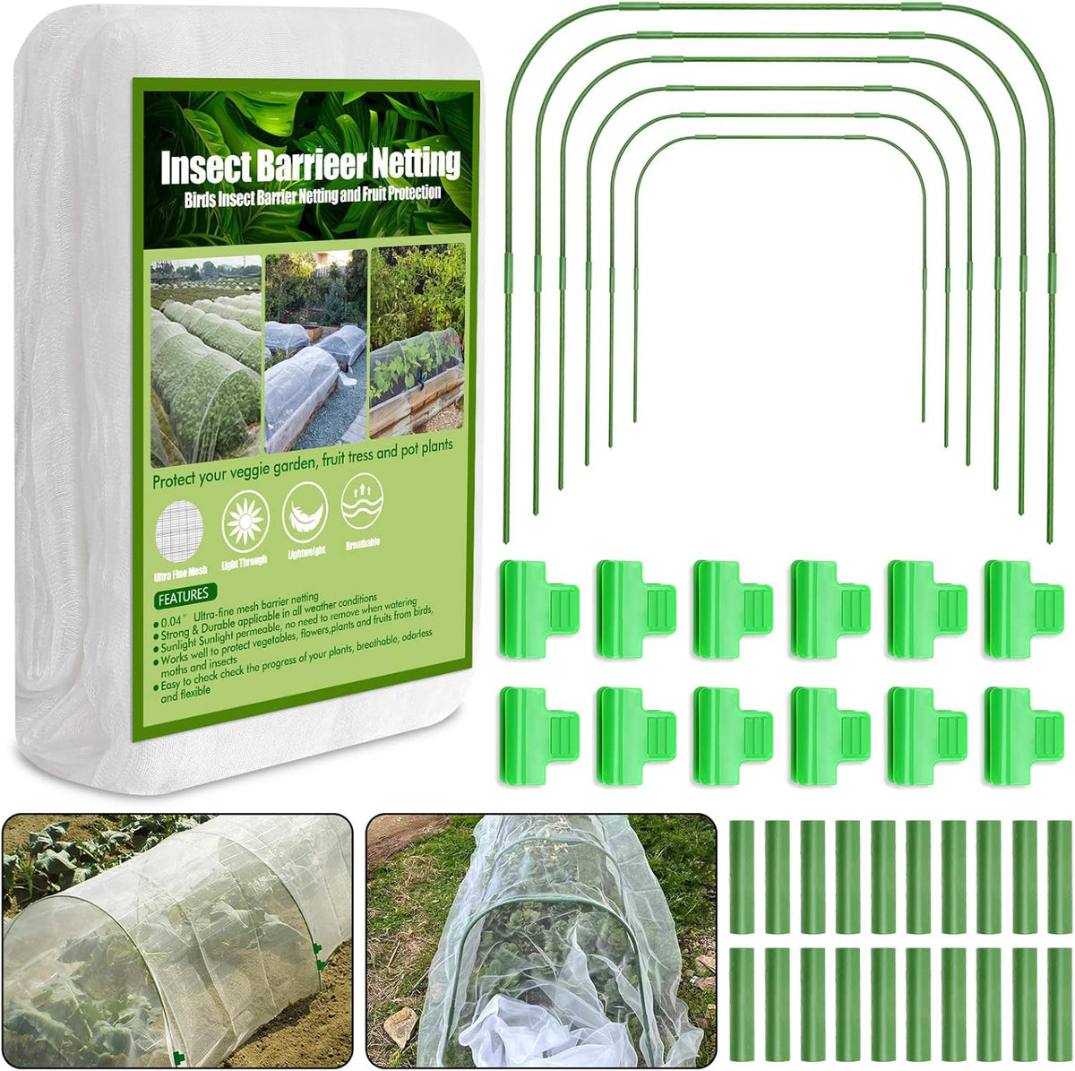 67pcs Garden Mesh Netting Kit, 6 Sets Wide Garden Hoops with Garden Covers