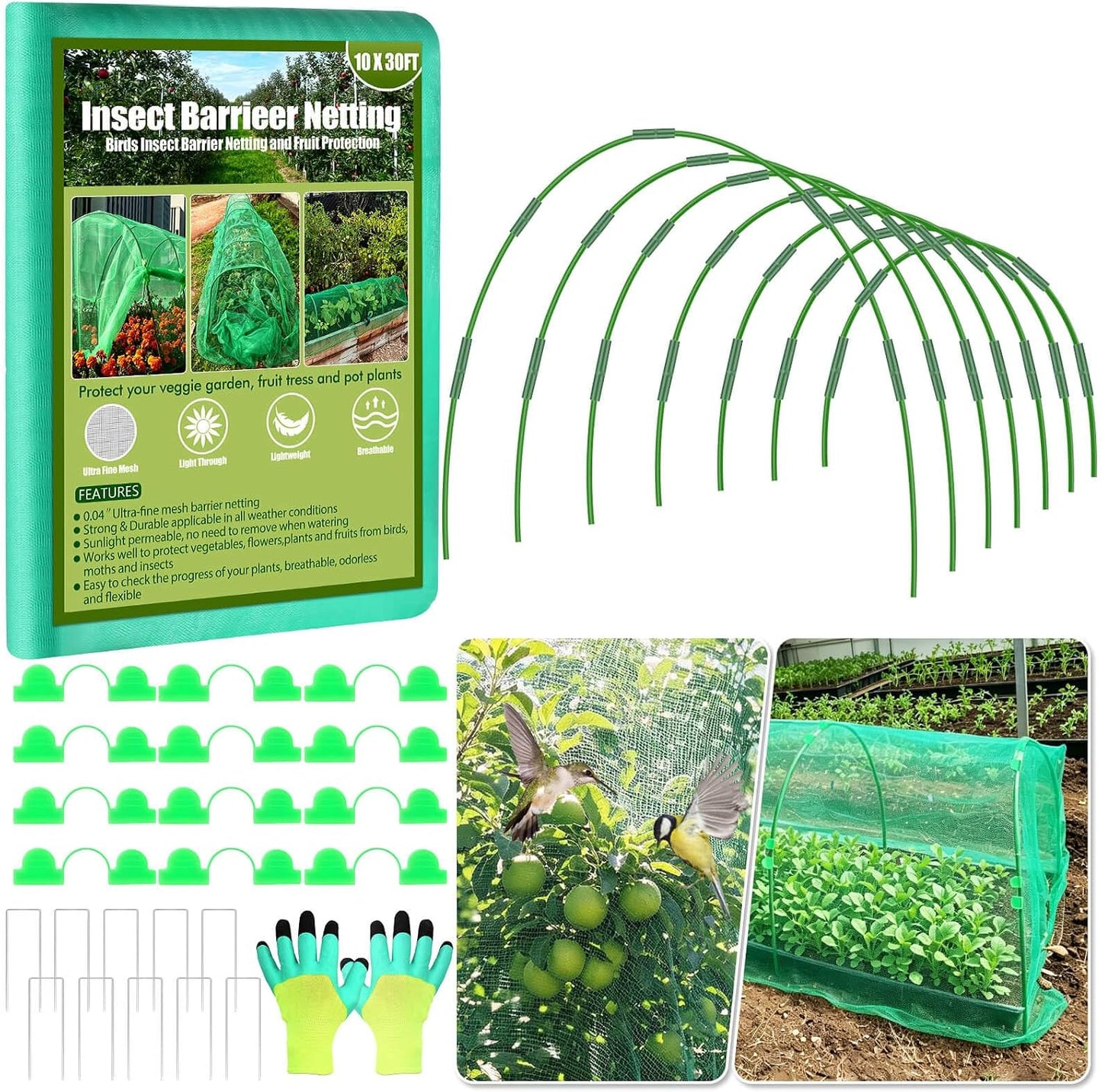 67pcs Garden Mesh Netting Kit, 6 Sets Wide Garden Hoops with Garden Covers