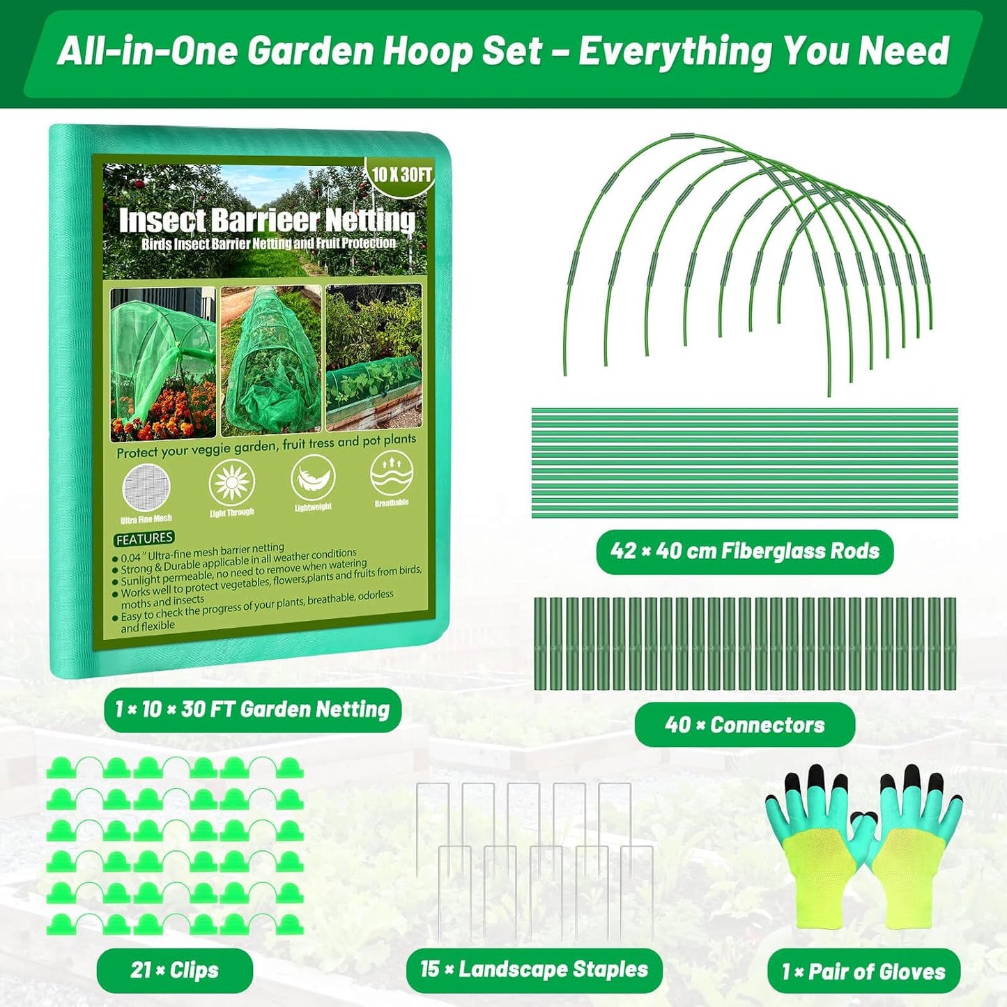 67pcs Garden Mesh Netting Kit, 6 Sets Wide Garden Hoops with Garden Covers