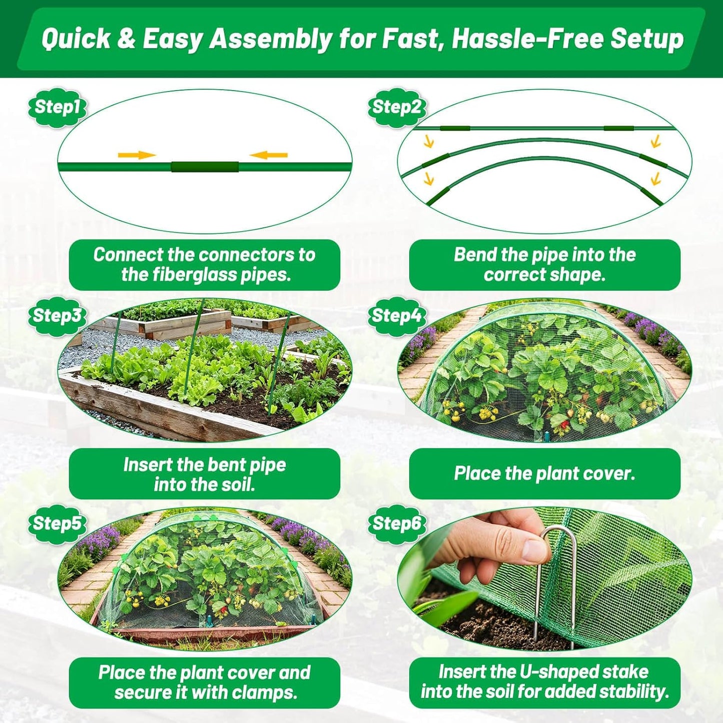 67pcs Garden Mesh Netting Kit, 6 Sets Wide Garden Hoops with Garden Covers