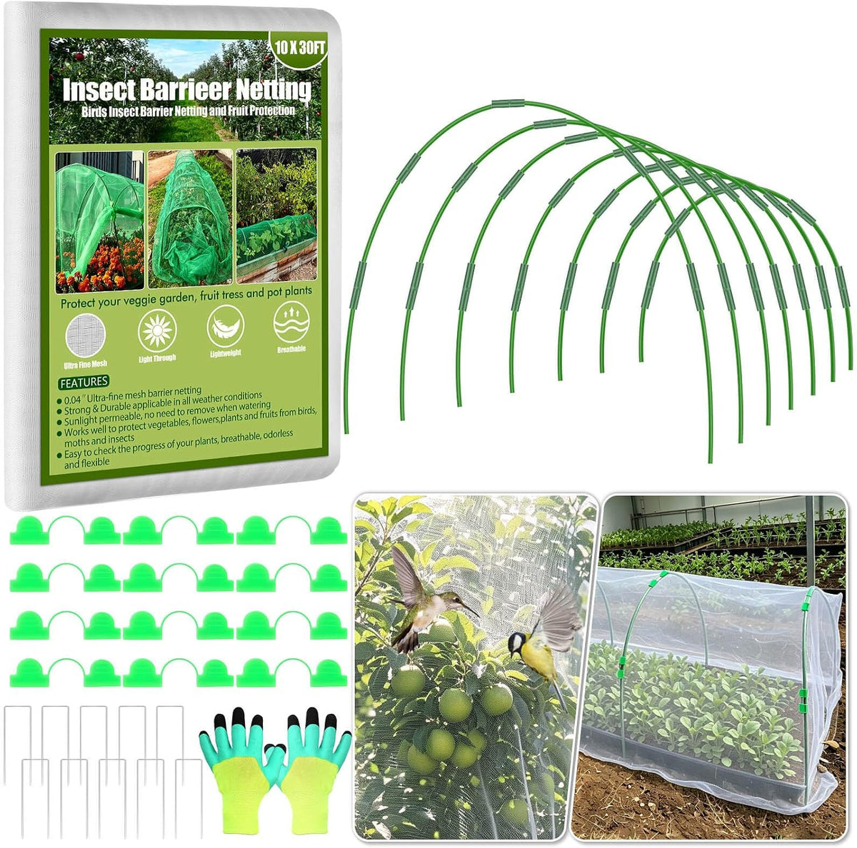 67pcs Garden Mesh Netting Kit, 6 Sets Wide Garden Hoops with Garden Covers