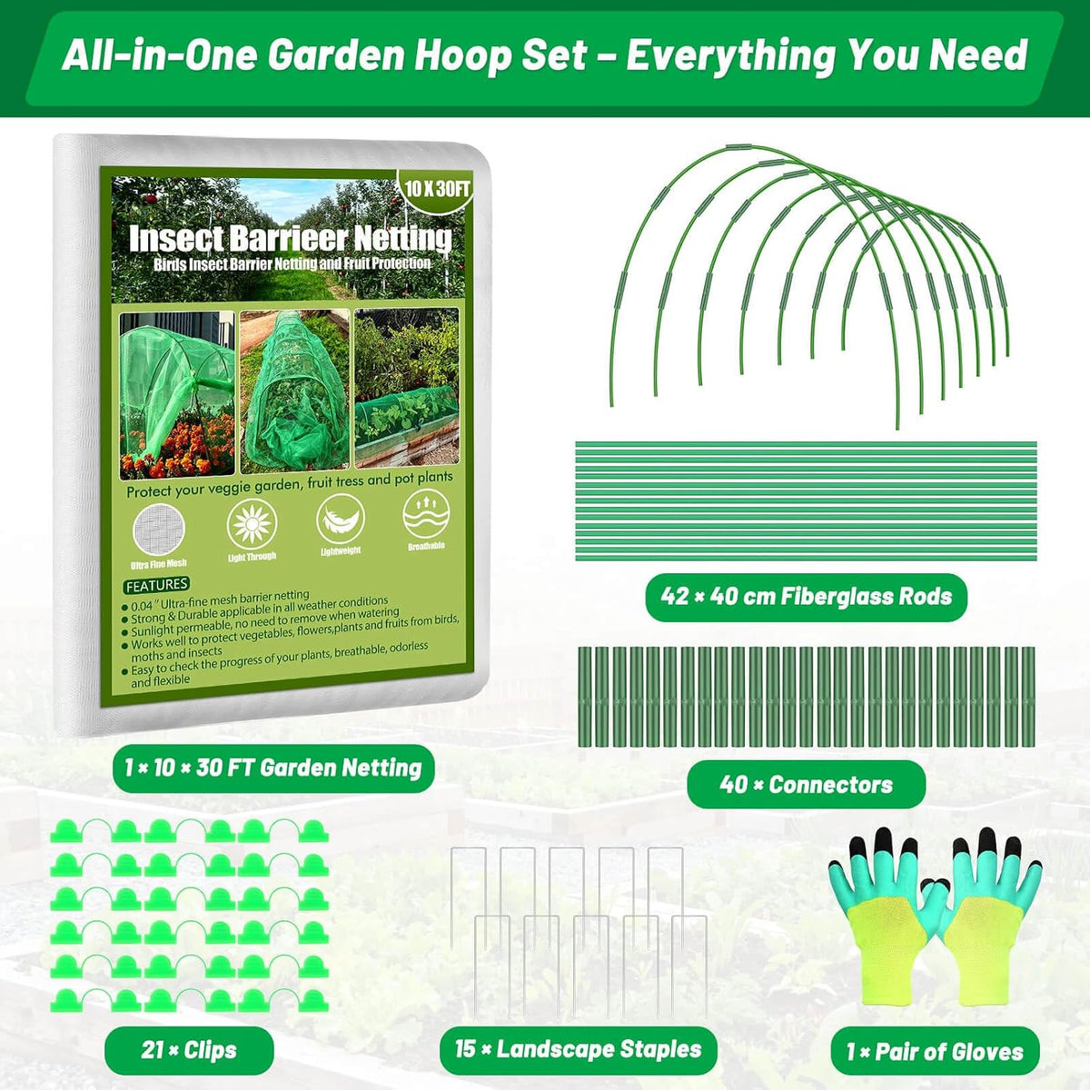 67pcs Garden Mesh Netting Kit, 6 Sets Wide Garden Hoops with Garden Covers