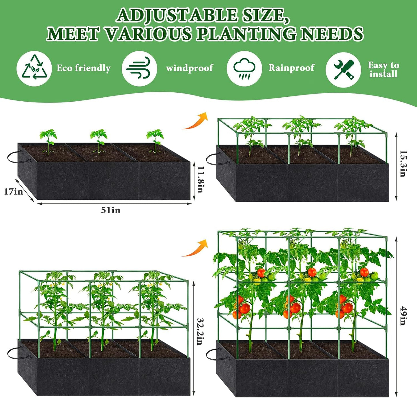 Tomato Cage 51×17×49 Inch with 46 Gallon Grow Bag